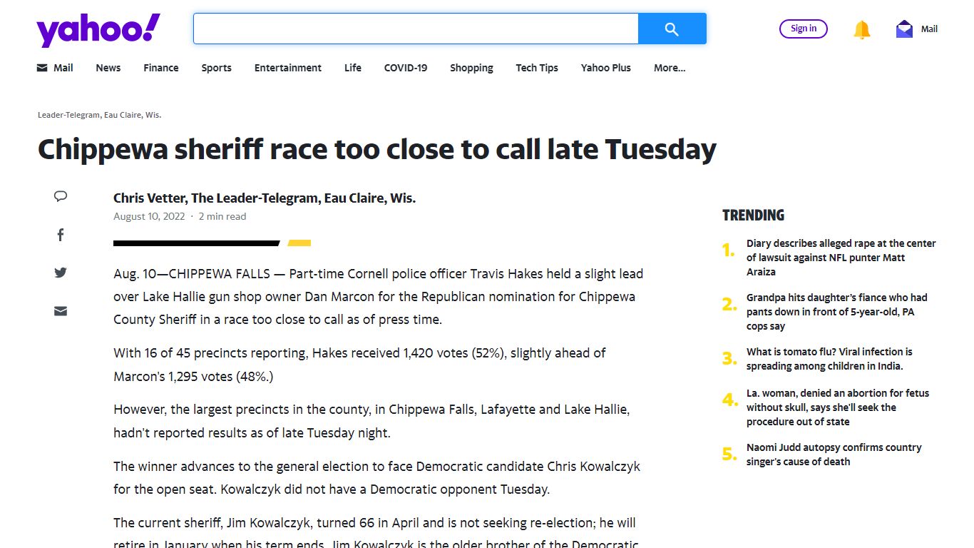 Chippewa sheriff race too close to call late Tuesday